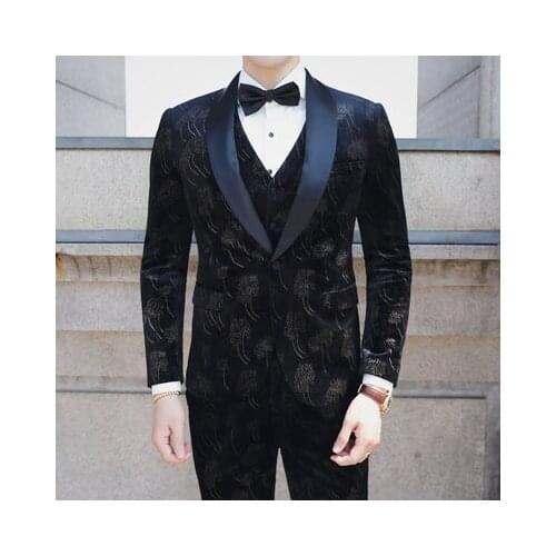 Wedding Prom Suits for Men 3 Pieces Mens Suit With Pants Costume Homme Velvet Floral Jacquard Slim Fit Tuxedo traje hombre 2019