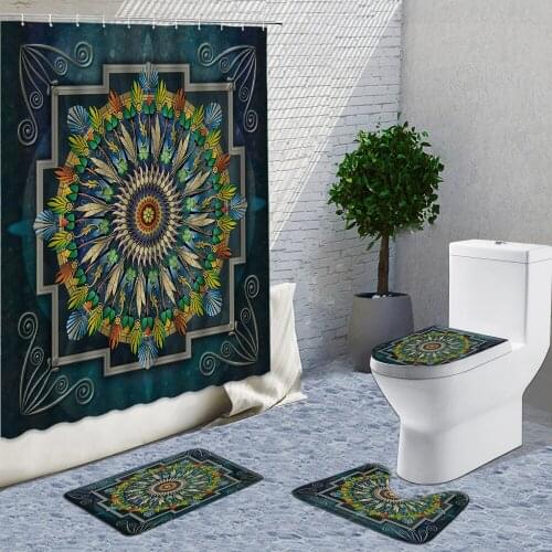 Ethnic Pattern Shower Curtain Set yellow Bath Decor Non-slip Flannel Mat Carpet Decorated Bathroom Things For Home 3D Bath Set