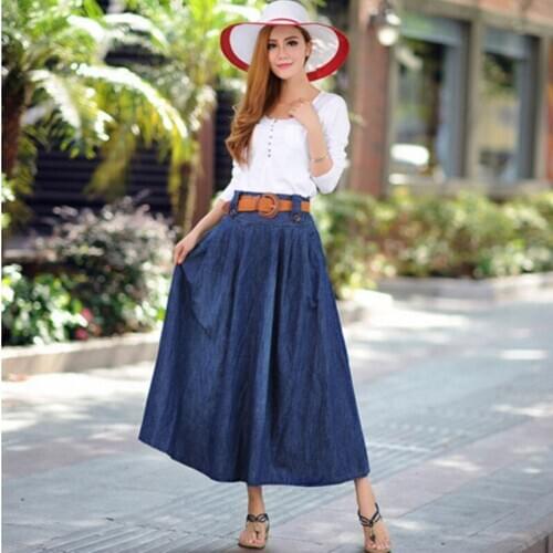 New Womens casual dark blue wide flare denim skirt Female Ladys plus size 5XL ankle length long Cowboy Half body pleated skirt