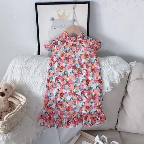 2021 New Sweet Girl Dress Fashion Sleeveless Floral Retro Children Dress Summer Chinese Style Cheongsam