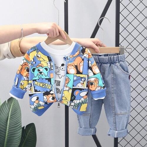 2021 New Autumn Spring Boys Girls Clothes Baby Cartoon Hooded Coat Shirt Causal Pants 3pcs/set Kids Sport Suit Children Clothing