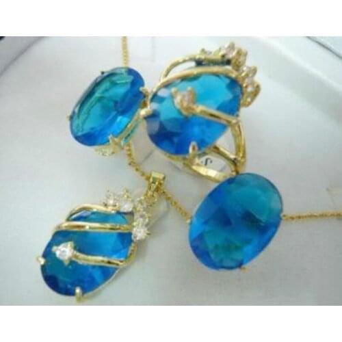 Charming Blue CRYSTAL pendant necklace earring ring set