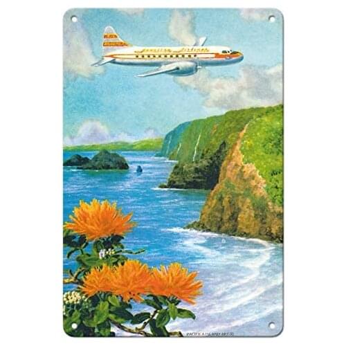 Over Pololu Valley, Big Island Hawai’i - Hawaiian Airlines (Convair 340 Aircraft) - Metal Tin Sign