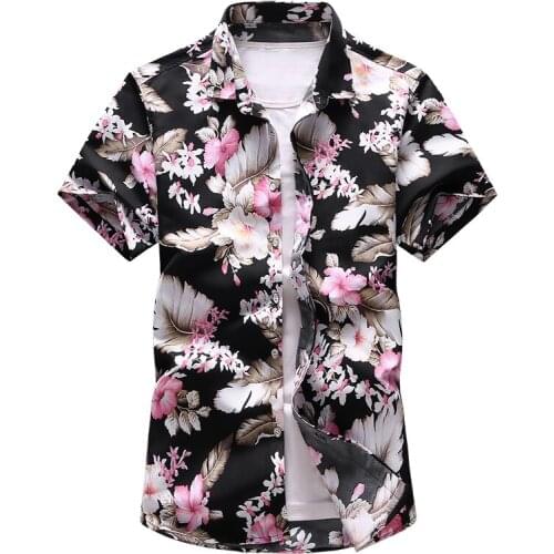 Plus Size 7XL 2019 Summer floral printed Men Hawaiian vacation Party Slim black shirts Hip hop male Short sleeve casual shirt