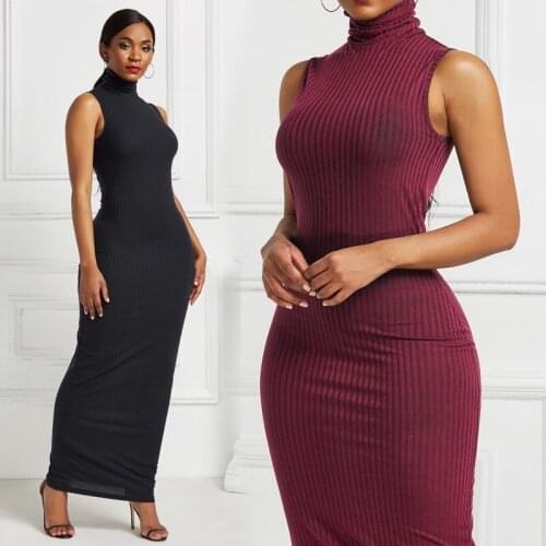 Turtleneck Women Sleeveless Maxi Dresses High Elastic Solid Slim All-match Robe Elegant Office Lady Bodycon Dress Plus Size