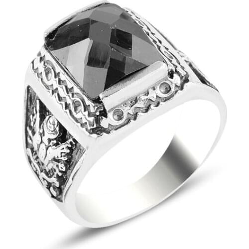 Silverlina Silver Ottoman State Coat Of Arms & Tuğra Black Zircon Stone Ring