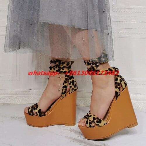 Sexy woman plus size 46 Leopard high platform wedge sandal real photo woman wood high wedge platform Leopard sandal