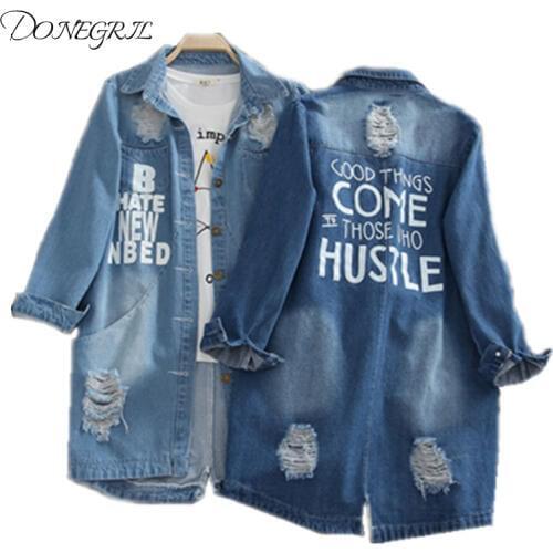 Ladies loose 2020 spring and autumn Han edition medium length long code long sleeve leisure thin denim jacket hole breaker