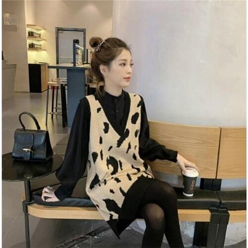 V-neck Leopard Pattern Knitted Sweater Vest Women Loose Sleeveless Fashion Pullover Sweater Vest Female Spring Autumn Y654