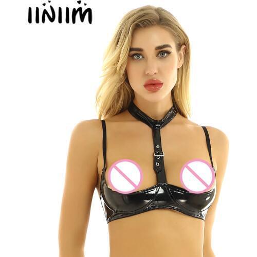 Womens Wetlook Sissy Exotic Vest Tops Fetish Patent Leather Lingerie latex Spaghetti Straps Open Cups Wire-free Shelf Bra Top