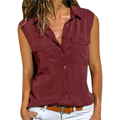 Women Casual Solid Sleeveless Turn Down Collar Pockets Buttons Shirt Tops 4 Colors Plus Size S-2XL Vest Tops Femal Streetwear