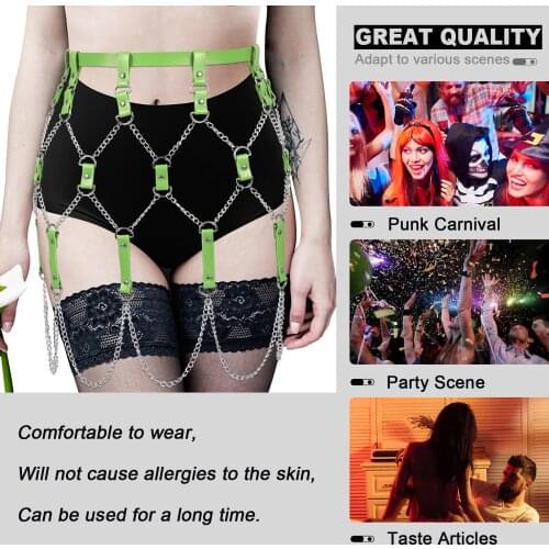 Woman Punk Silver Leather Harness Metal Chain Skirt Leather Garters Belts Sexy Fetish Body Bondage Caged Gothic Erotic Lingerie