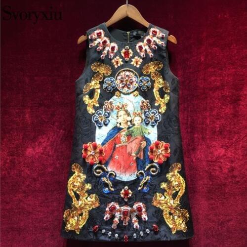 Svoryxiu Vintage Black Mini Dress Womens Sleeveless luxurious Diamonds Our Lady Print Ladies Party Runway Dress 2018