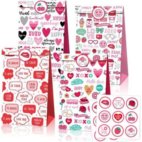 12pcs Wedding Candy Biscuits Gift Bags Red Love Heart Kraft Paper Bags for Wedding Decoration Wedding Party Supplies Presents