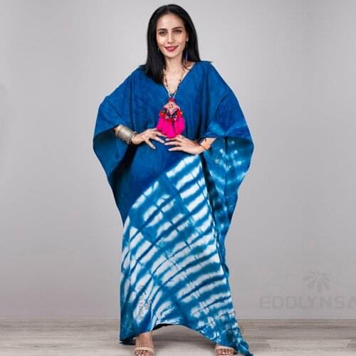 2021 ElegantTie Die Patchwork Kaftan Casual V-neck Batwing Sleeve Maxi Dress Women Clothing Beach Wear Swim Suit Cover Up Q1343