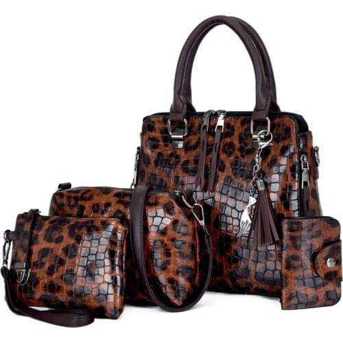 4PCS Handbags Women Designer Large Capacity Shoulder Bag Stone Pattern PU Leather Crossbody Bags Sac A Main Femme Leopard Bag