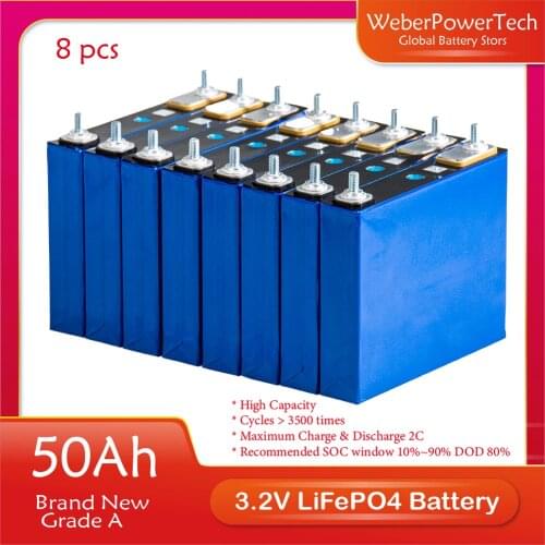 8pcs 3.2V 50Ah LiFePO4 Lifepo4 Cells Lithium Batteries for Electric Bike Battery Pack Solar Energy System Inverter Power