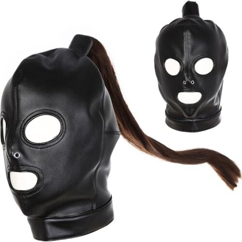 Bdsm Erotic Hood Mask Sexy PU Leather Head Harness Party Masks Sex Toys For Women Men Slave Cosplay Flirt Hair Ponytail Headgear