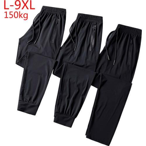 New Men Loose Waist Full Trousers Ice Cool Net Super Large Fashion Casual Printed Pants Elastic Summer Size 5XL 6XL 7XL 8XL 9XL