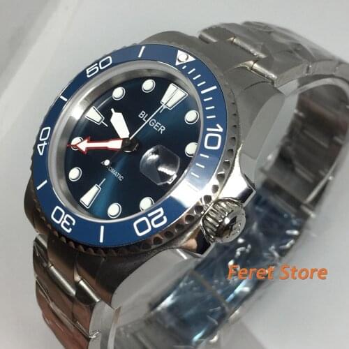 Bliger new 40mm stainless Silver Case Sapphire Glass blue Dial Date Luminous Mens Top Casual Luxury Mechanical Automatic Watch