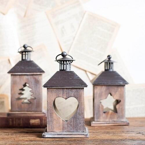 Dark Wood Tree Heart Star Wooden Candle Lantern With Black Iron Cap Home Garden Decor Tabletop Hanging Square Small Lantern