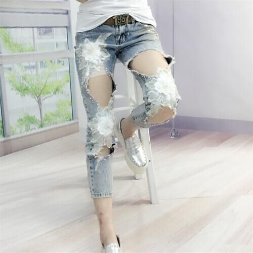 Summer Big Holes Jeans Woman Fashion New European Goods Industrial Bronze Holes Beads Flower Cropped Pants Jean Coat Outfits