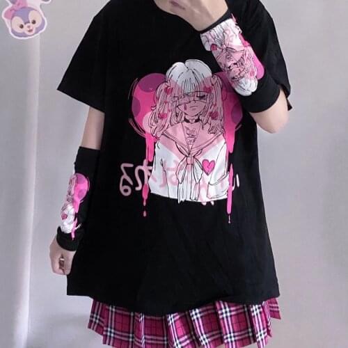 T-shirts Women Cartoon Print Leisure Loose Streetwear Tee Gothic Female Harajuku Summer Clothing E-Girl Kawaii y2k aesthetic top