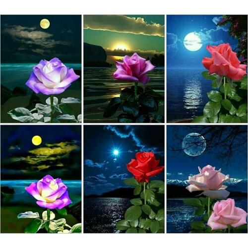 KAMY YI Landscape Lake Moon Rose Diamond Painting Cross Stitch 5D Diy Embroidery Full of Diamonds Mosaic Home Decoration