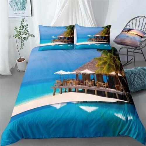 Summer Vacation Scenery Printed Bedding Set Blue Sea Beach Duvet Cover Pillowcase Bed Linen Bedclothes Double Queen King Size