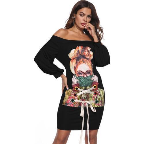 Summer and Autumn Sexy bandage dress Women Slash neck Cartoon pattern Mini Dresses Ladies Street Style Clothes