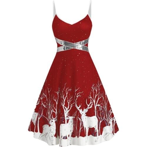 Plus Size Christmas Dresses Women Elk Print Adjustable Spaghetti Straps Sleeveless Large Hem Dress Christmas clothes