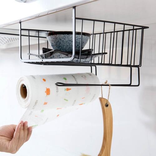 OTHERHOUSE Iron Kitchen Storage Basket Cabinet Storage Rack Roll Paper Holder Kitchen Rack Organizer Cupboard Storage Shelf Hook