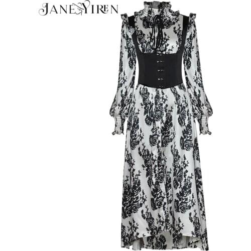 Janeyiren Fashion Designer dress Spring Womens Dress Ruffles Stand collar Long sleeve Floral Print Dresses+Girdle
