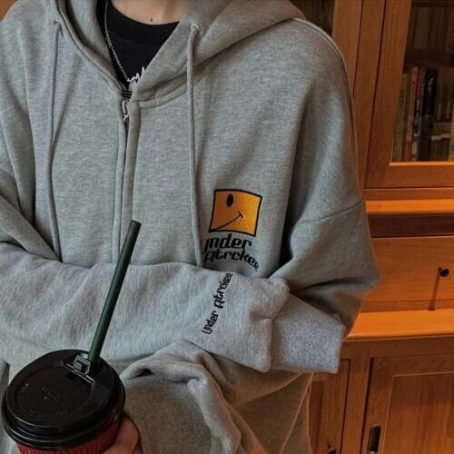 2020 Autunm Casual Smiley embroidery Womens Hoodies Zip-Up Oversize Loose Women Sweatshirt Winter Plus Size Female Coat