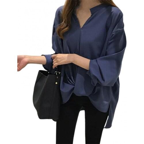 Dropshipping!Woman Chiffon Shirt Long Sleeve Women Spring Summer Fall Solid Color V-neck Loose Blouse Female Fashion Casual Top