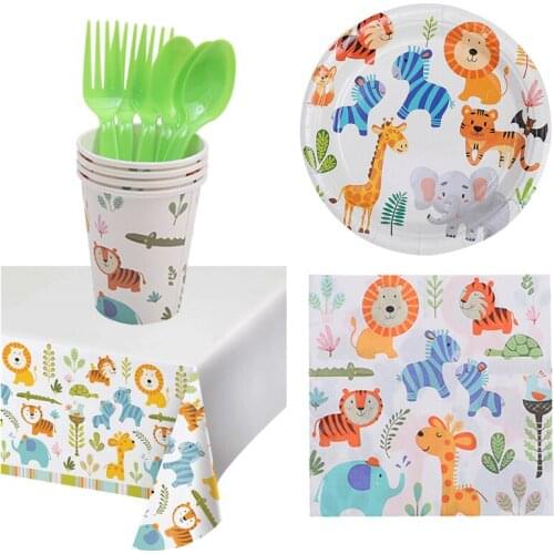 Cute Cartoon Animal Pattern Disposable Tableware Jungle Safari Party Decorations Happy Birhtday Decor Supplies Kids Favor