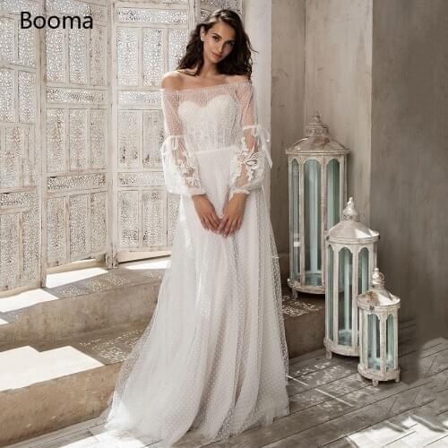 Ivory Dot Tulle Beach Wedding Dresses Off the Shoulder Puff Sleeves Princess Bridal Gowns Appliques Illusion A-Line Bride Dress