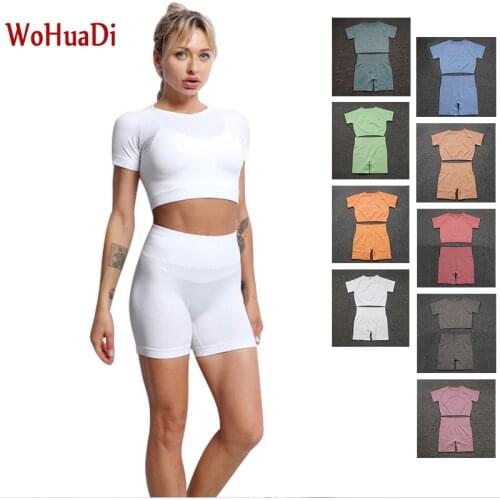 WOHUADI 2021 Sportswear Women Clothes Seamless Sport Shorts Set Gym Workout Yoga Suit Fitness Short Sleeve Top Female Jogging