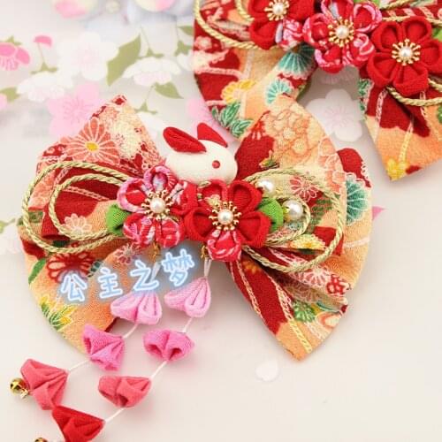Lovely Rabbit Big Bow Hairpin Vintage Japanese Style Kanzashi Head Clip Sakura Kimono Handmade Hair Accessory Tsumami zaiku