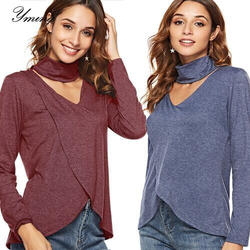 YMING Womens Autumn Long Sleeve T-shirt Stitching Scarf Collar Top Pure Color Casual Long Sleeve Slim Fit T-Shirt Top