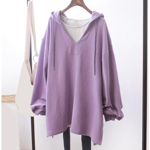 Sweatshirt Women Long Sleeve Hoodies Women Spring And Autumn New Solid Color V-Neck Hooded Sweatshirt Plus Size Pullover Tops