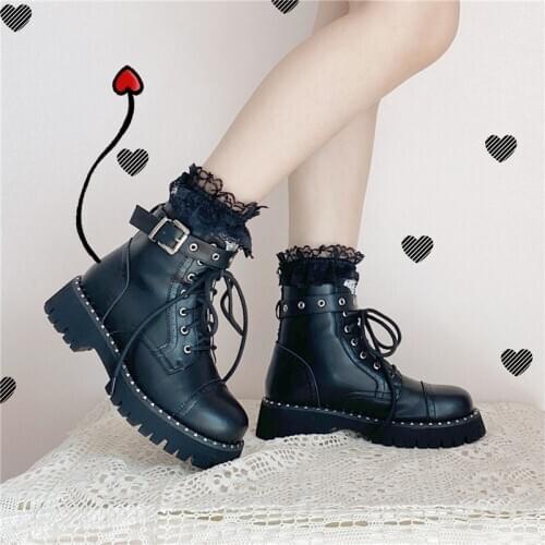 Ankle Boots For Women Lolita Punk Black Velvet Warm Winter Gothic Loli Shoes Cosplay Anime Girls Young Female Martins Boots Goth