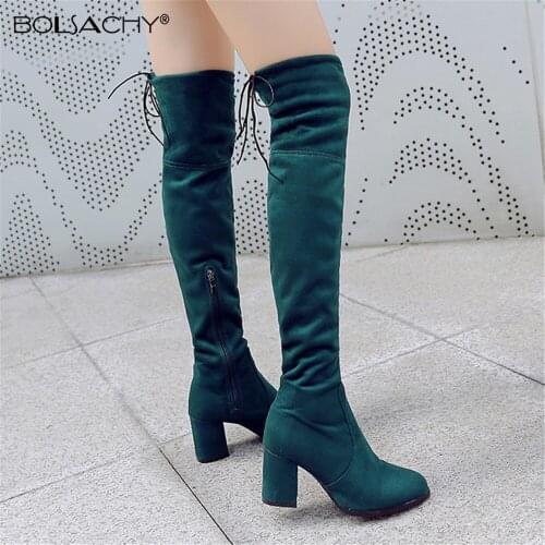 2021 Winter Over The Knee Women Boots Stretch Fabrics High Heel Side Zip Shoes Pointed Toe Woman Long Boots 32-43 Green Black
