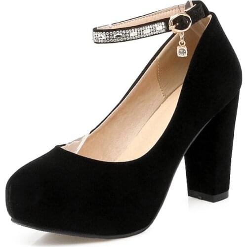 Big Size11 12 13 14 platform heels women shoes woman pumps ladies Metal Decoration of Round Head Shallow Rough-heel Button Drill