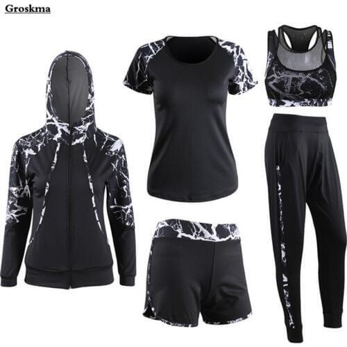 Plus size women outdoor running 5 piece set quick dry patchwork coats+t shirt+mesh bra+shorts+pants fitnes gym yoga suit sets