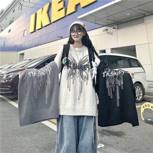 Autumn and winter Korean street Harajuku style round neck sweater loose warm wool sweater tide sleeve female butterfly print