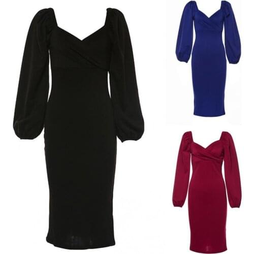 Women Fashion Graceful Dress Square Collar Lantern Sleeve Sexy Off Shoulder Waist Tied Pleated Dress for Wedding Dating Party