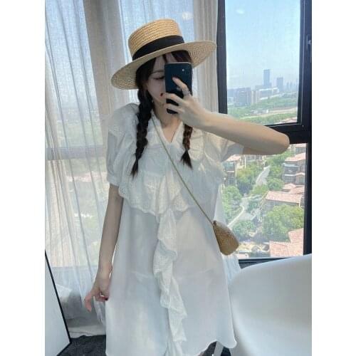 White 2021 Summer Fashion Women V Neck Ruffles Hollow Puff Sleeve Casual Dress For Ladies Ddxgz2 5.29