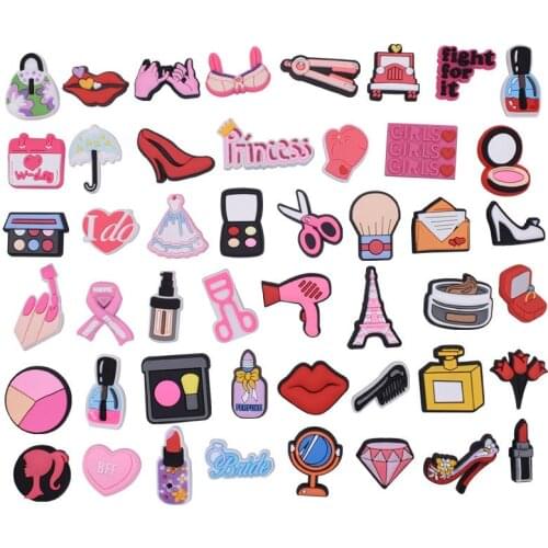 100pcs Sweet pink Style Shoe croc Charms Cute Girl Series PVC Shoe Decoration Croc jeans for jibz Charm Kids Party X-mas Gift