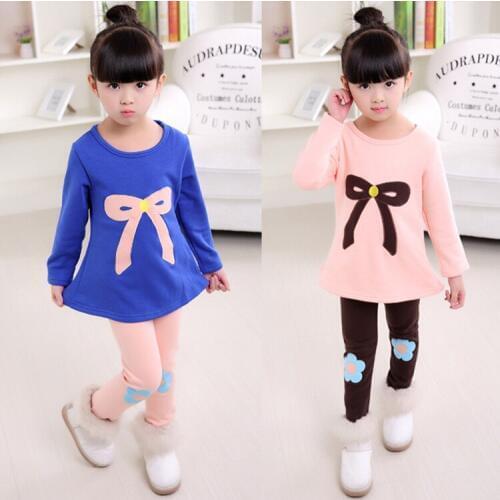 2020 New spring Girls With velvet clothes Sets Lovely Embroidery Tie Children Tracksuit kid clothing suit baby t shirt+pant 2pcs